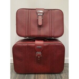 Vtg New Vista Leather 2 Piece Travel‎ Luggage Set Red Burgundy Maroon 70’s Mod